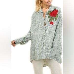 Umgee Green Blouse with Red Rose Embroidery